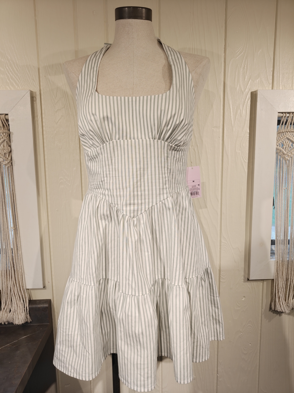 wild fable White and Sage Green Striped Halter Mini Dress